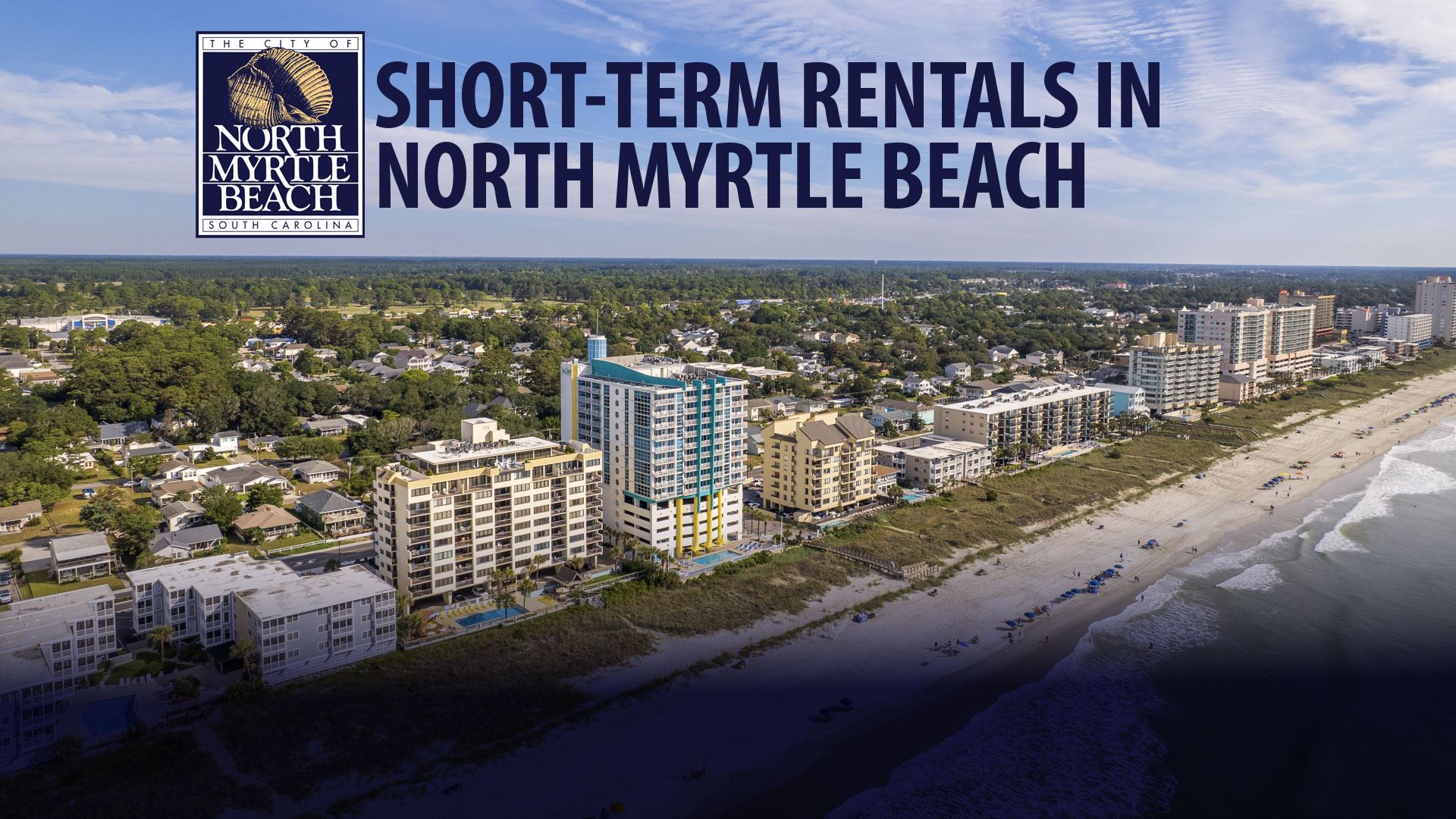 Oceanfront scene of North Myrtle Beach with Various Residential Types Shown