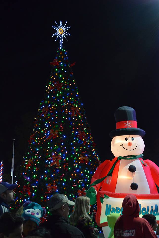 Christmas Tree Lit up with an Inflatable Snowman